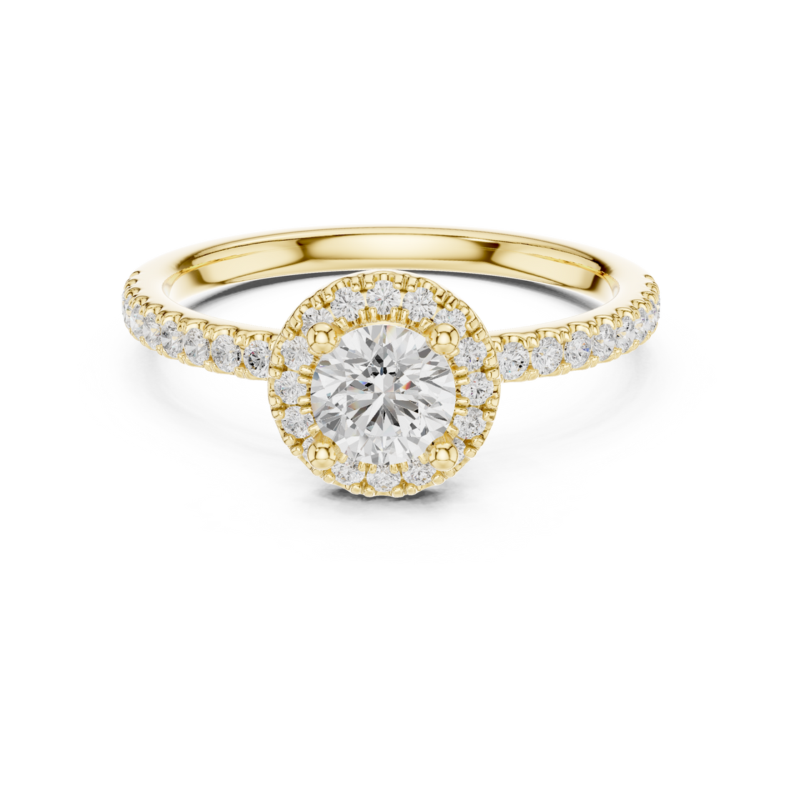 Romantic White Gold Round Halo Ring with Accent Diamond Shank