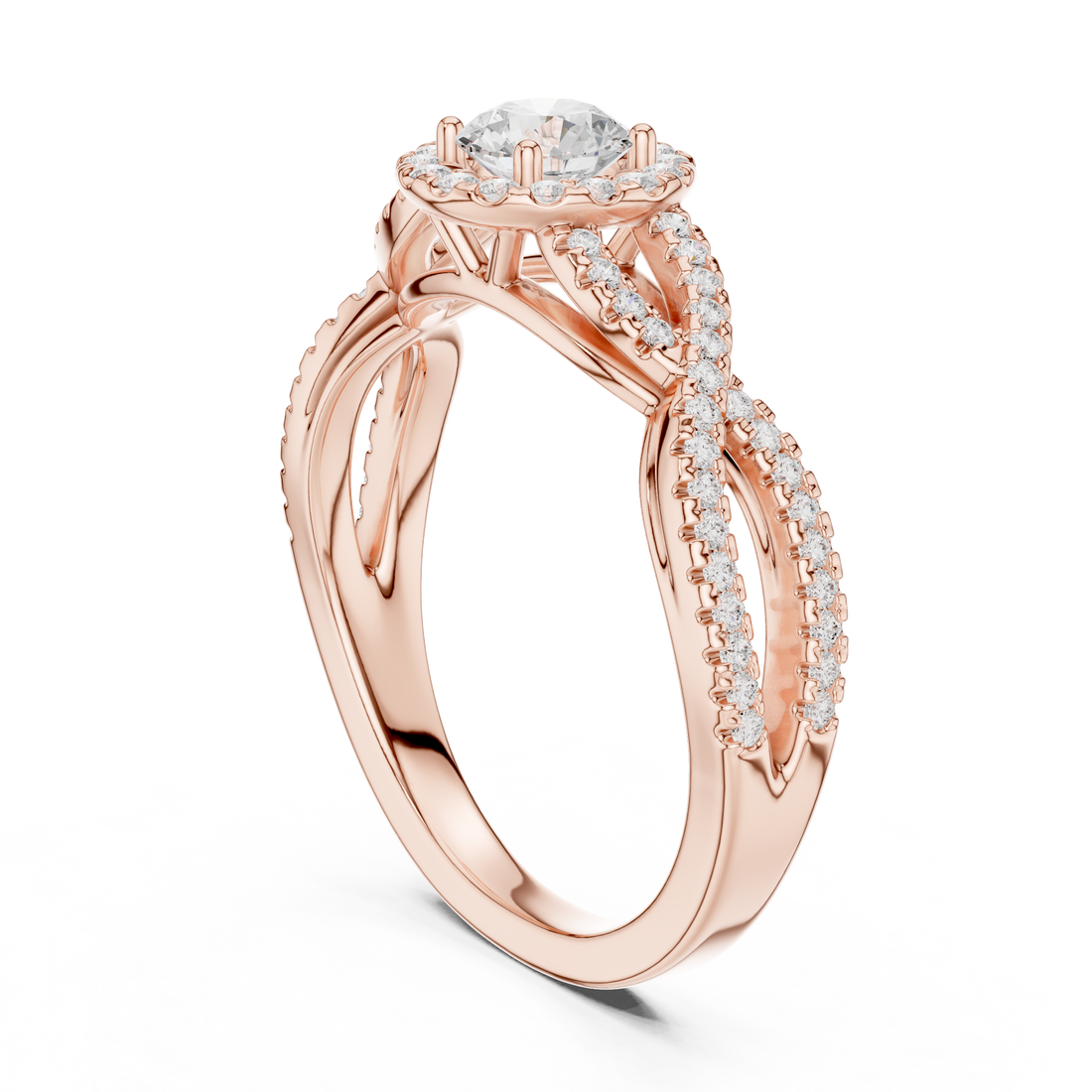 Infinity Twist Diamond Halo Engagement Ring with Round Center Stone