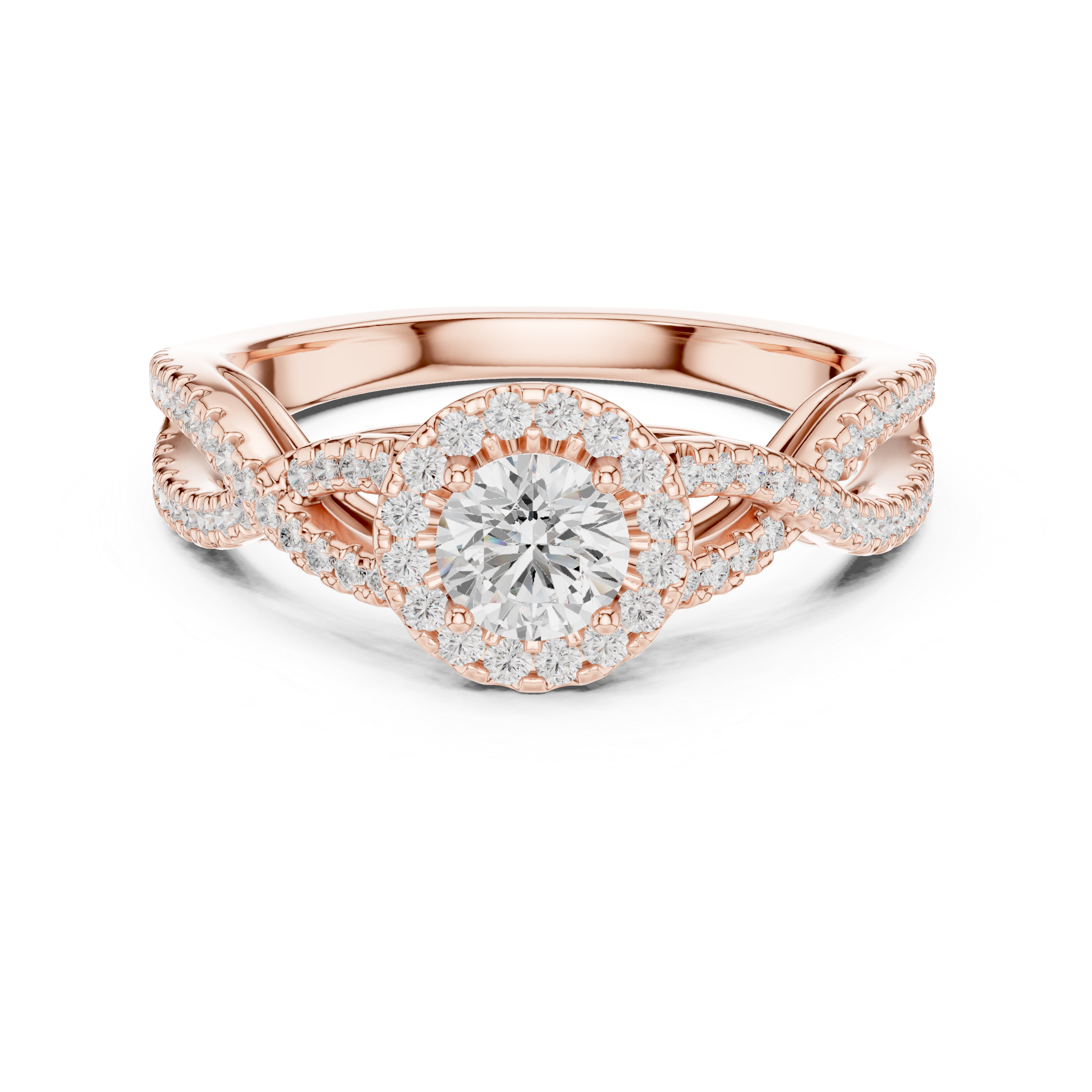 Infinity Twist Diamond Halo Engagement Ring with Round Center Stone