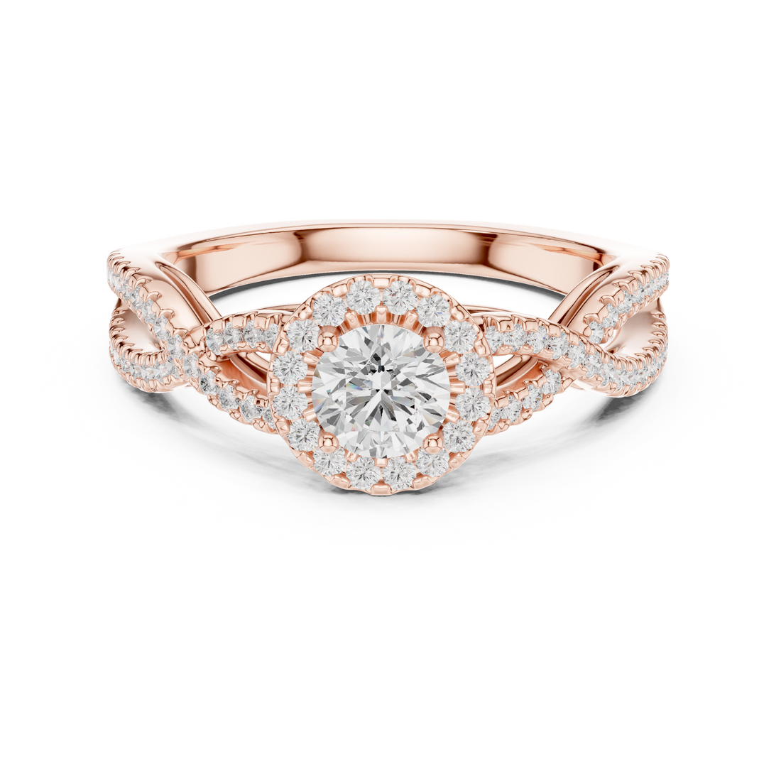 Infinity Twist Diamond Halo Engagement Ring with Round Center Stone
