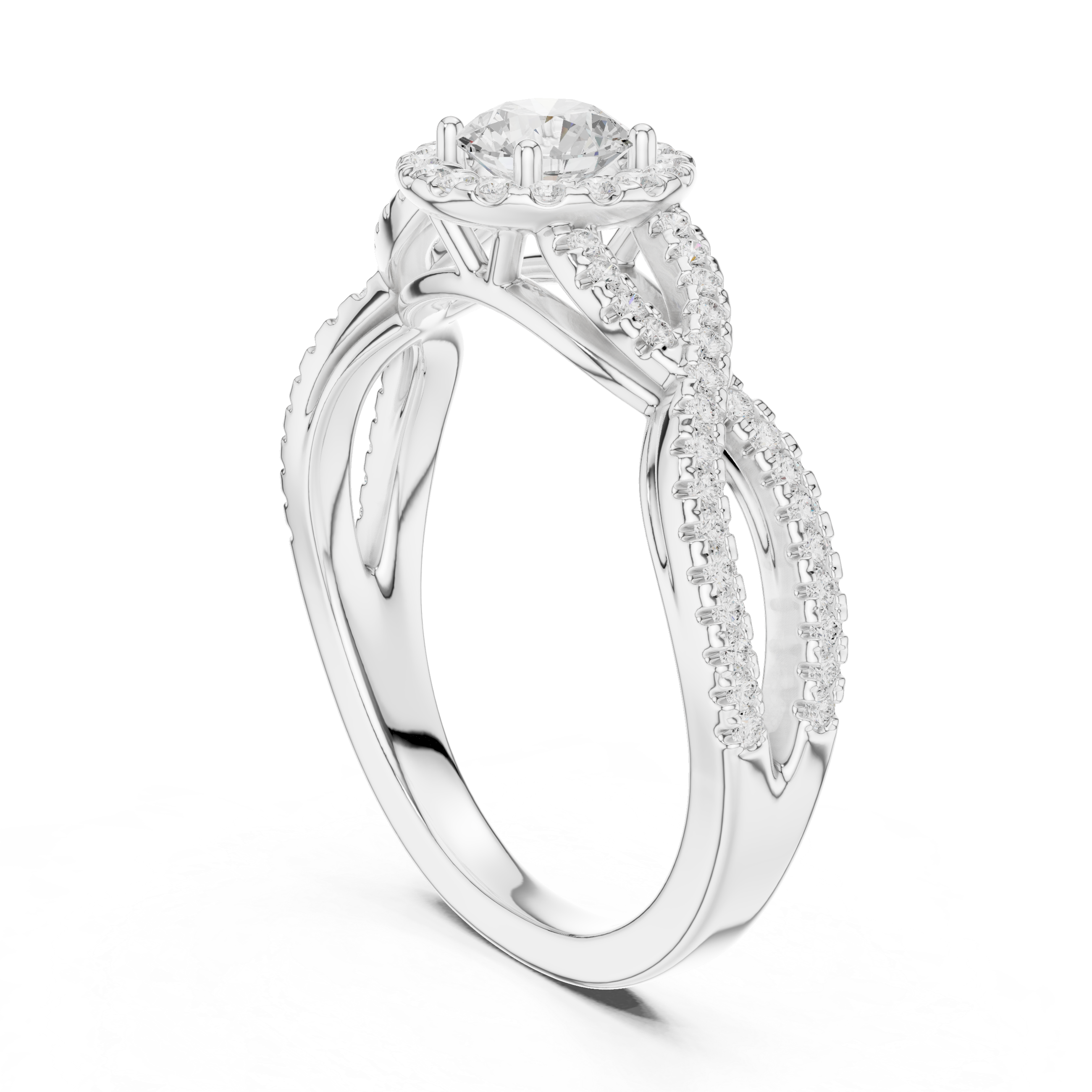 Infinity Twist Diamond Halo Engagement Ring with Round Center Stone