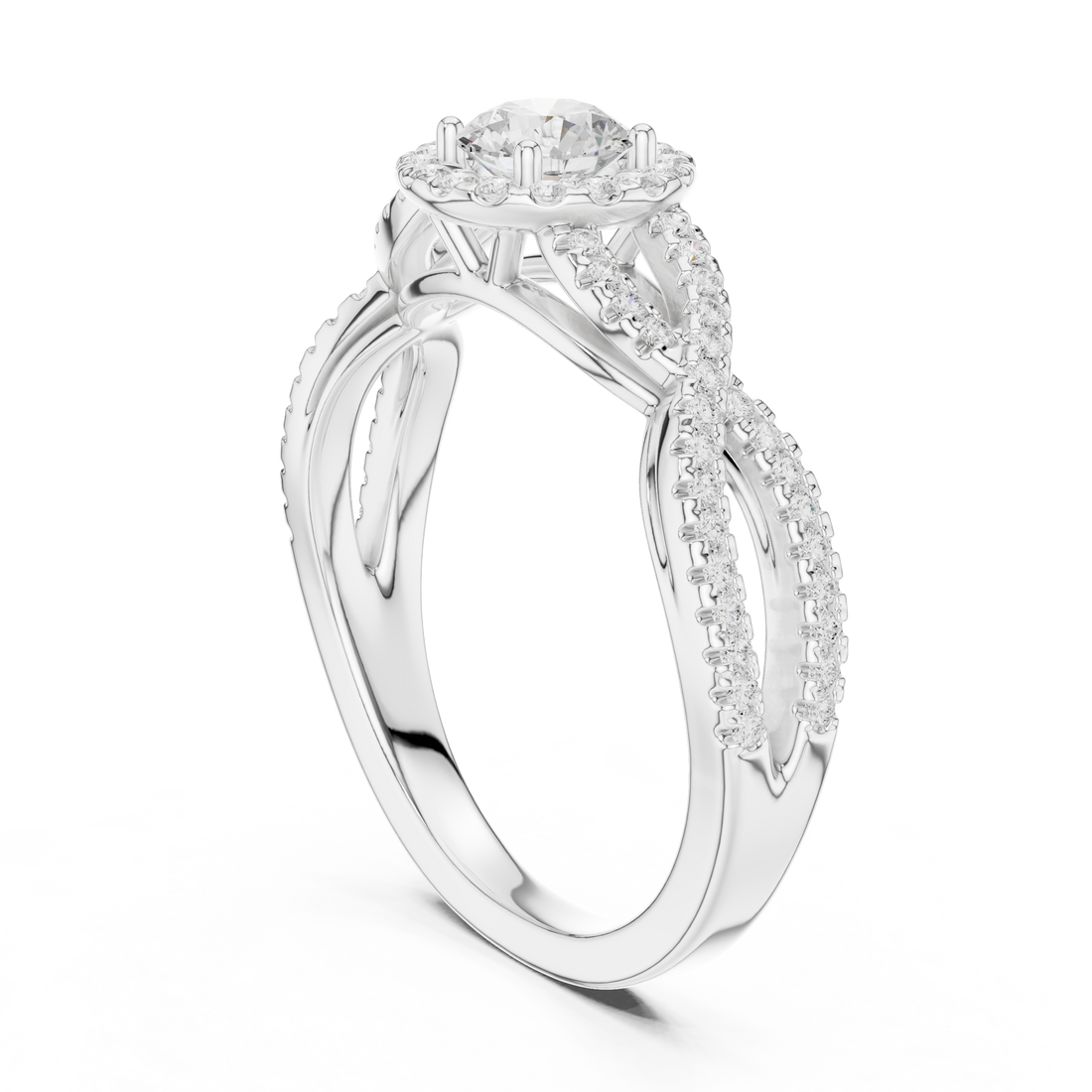 Infinity Twist Diamond Halo Engagement Ring with Round Center Stone