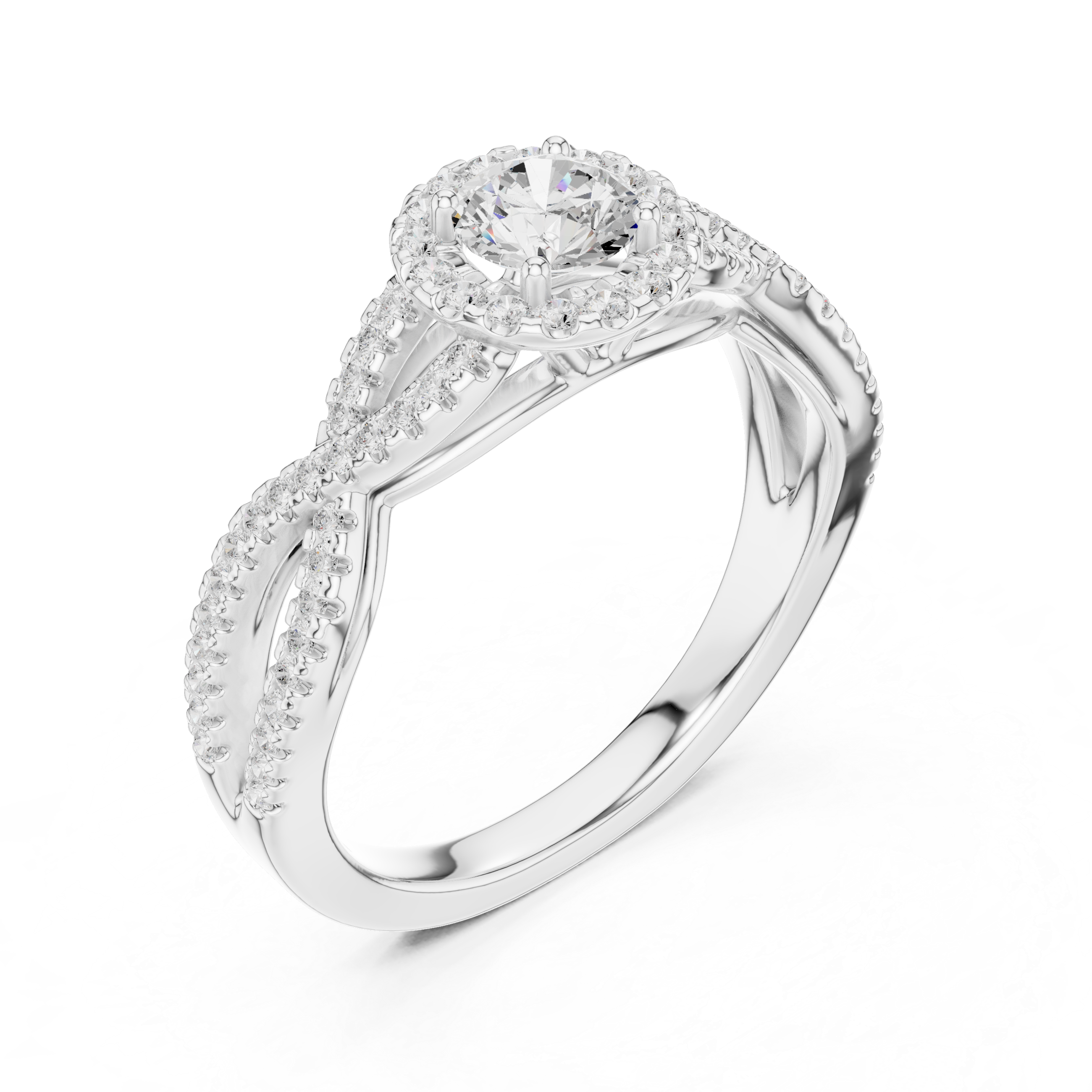 Infinity Twist Diamond Halo Engagement Ring with Round Center Stone