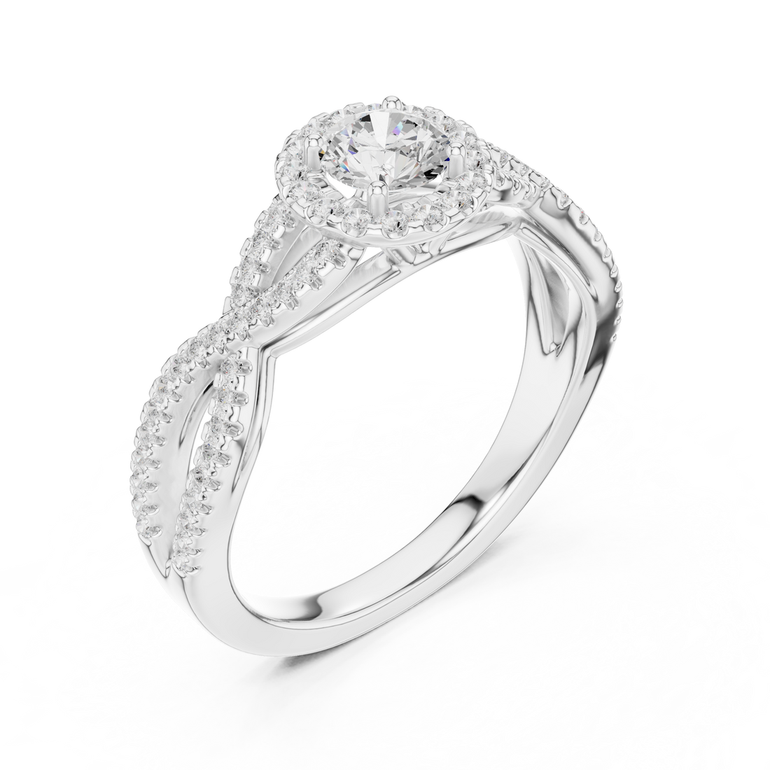 Infinity Twist Diamond Halo Engagement Ring with Round Center Stone