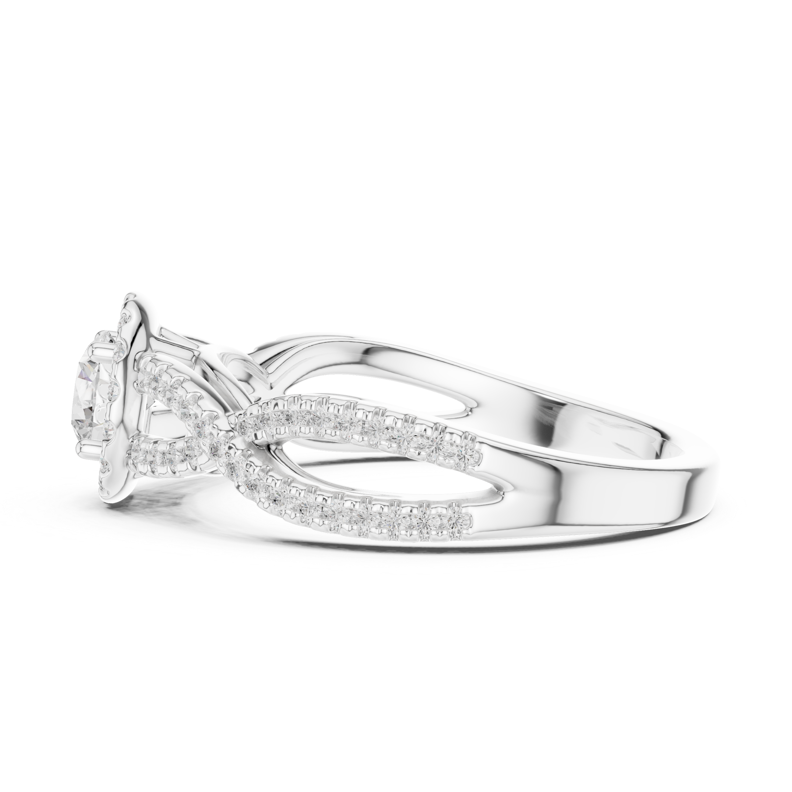 Infinity Twist Diamond Halo Engagement Ring with Round Center Stone