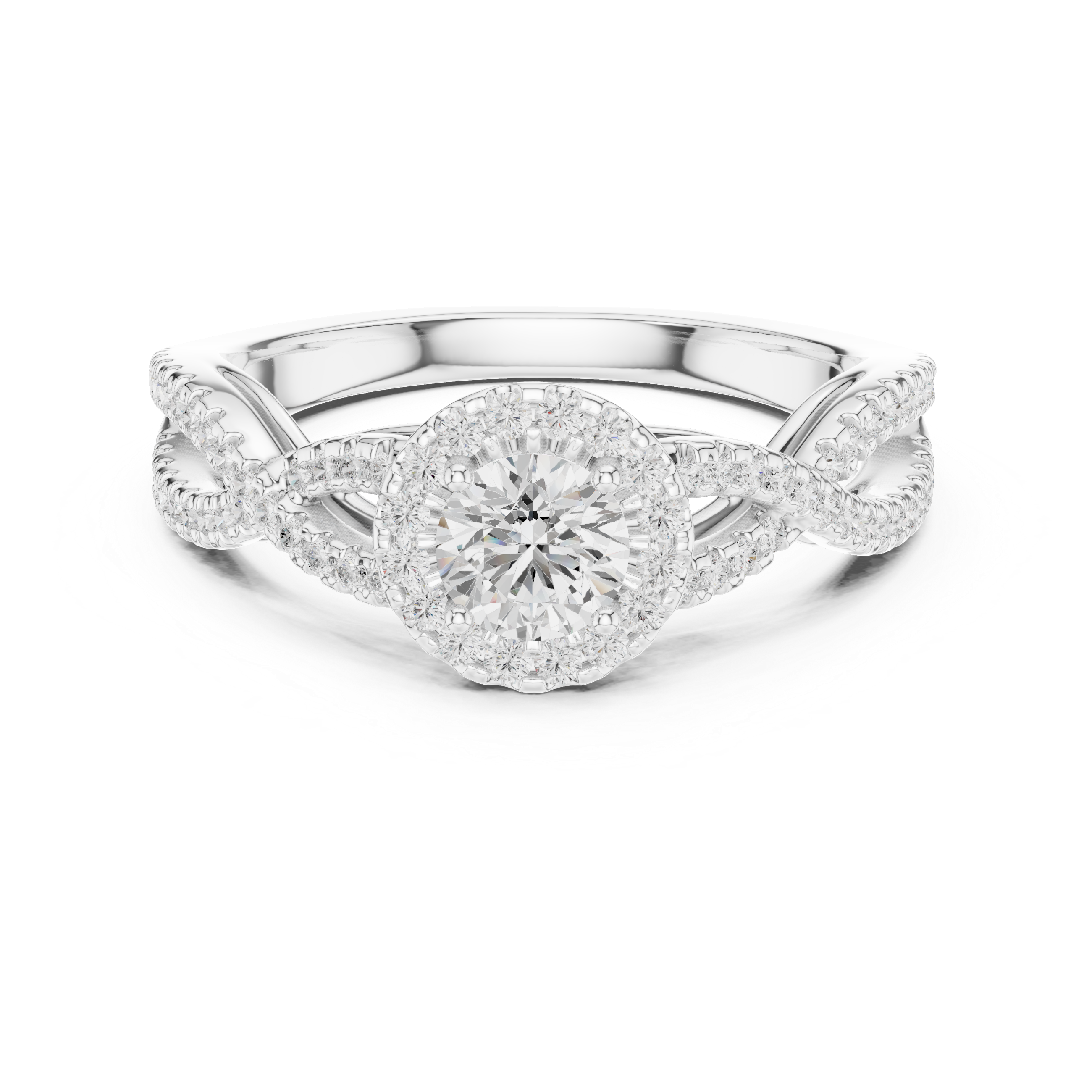 Infinity Twist Diamond Halo Engagement Ring with Round Center Stone