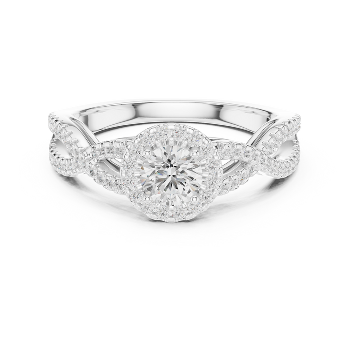 Infinity Twist Diamond Halo Engagement Ring with Round Center Stone