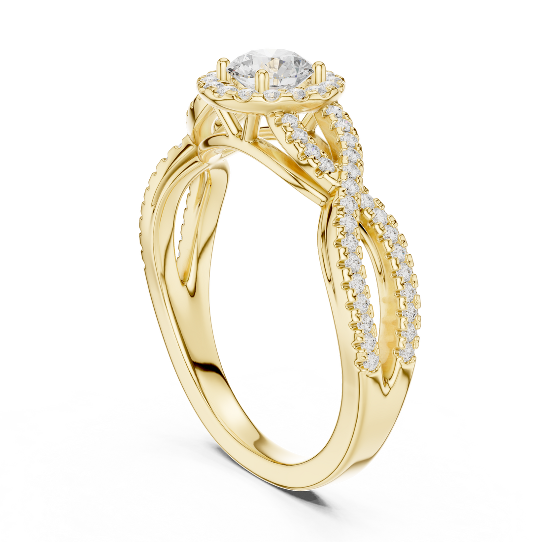 Infinity Twist Diamond Halo Engagement Ring with Round Center Stone