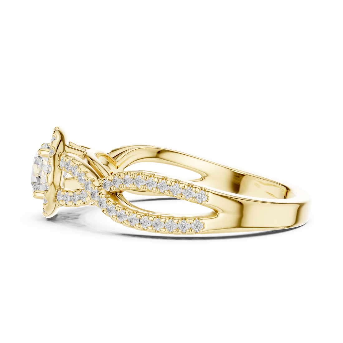 Infinity Twist Diamond Halo Engagement Ring with Round Center Stone