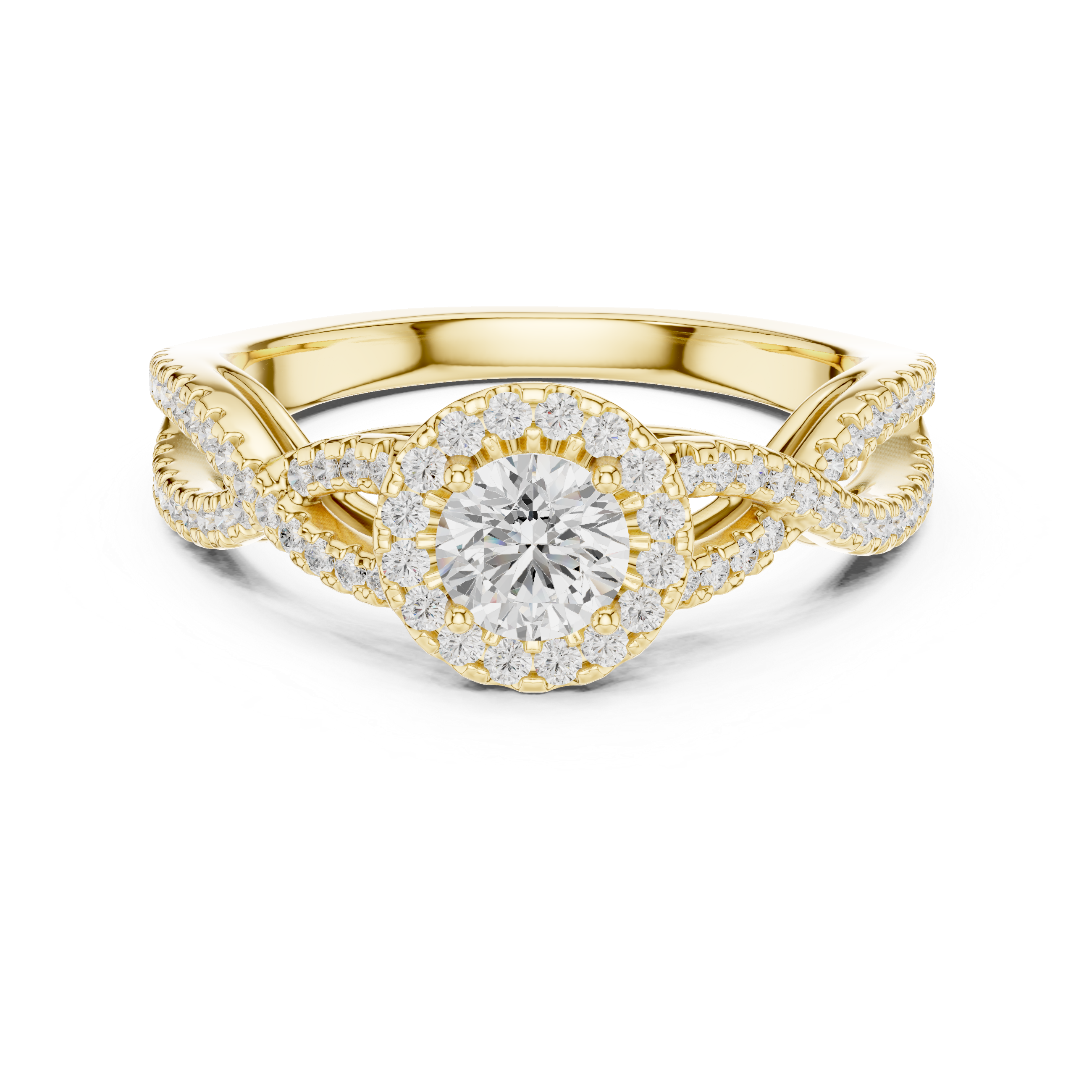 Infinity Twist Diamond Halo Engagement Ring with Round Center Stone