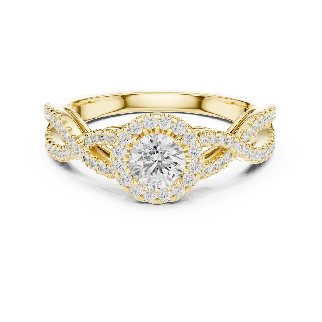 Infinity Twist Diamond Halo Engagement Ring with Round Center Stone