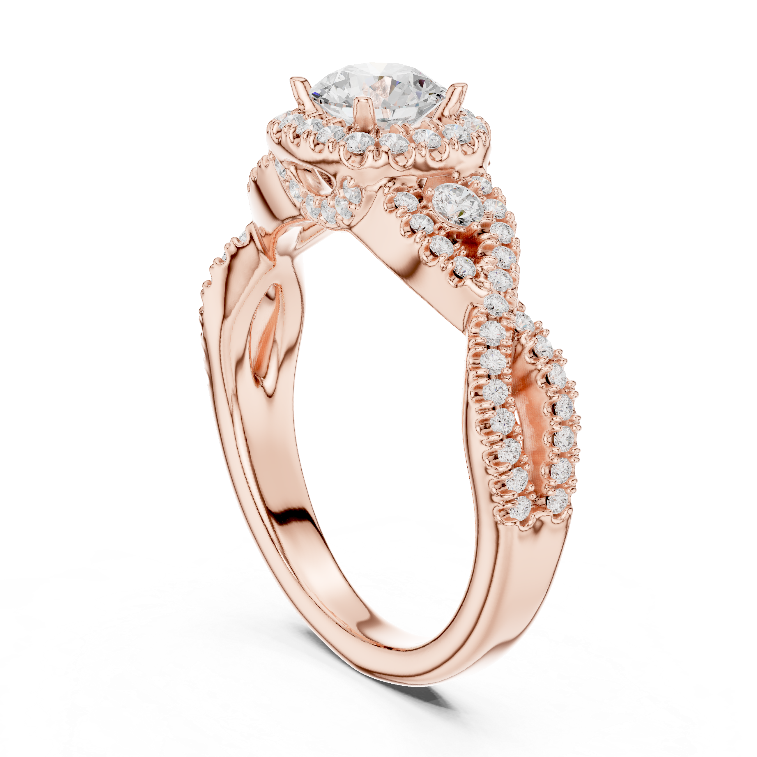 Luxury Round Halo Diamond Ring with Criss Cross Pavé Rose Gold Band