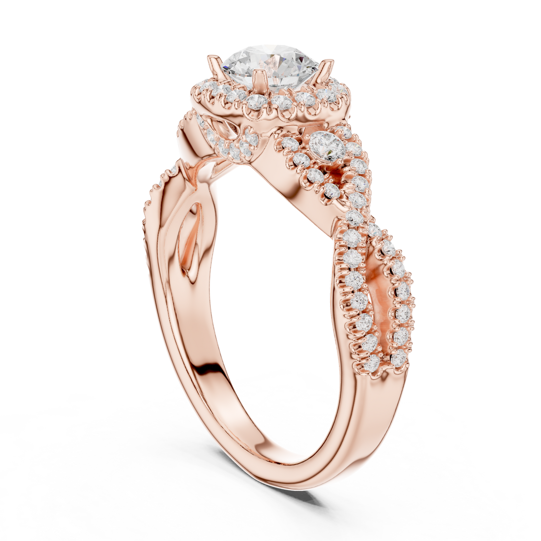 Luxury Round Halo Diamond Ring with Criss Cross Pavé Rose Gold Band