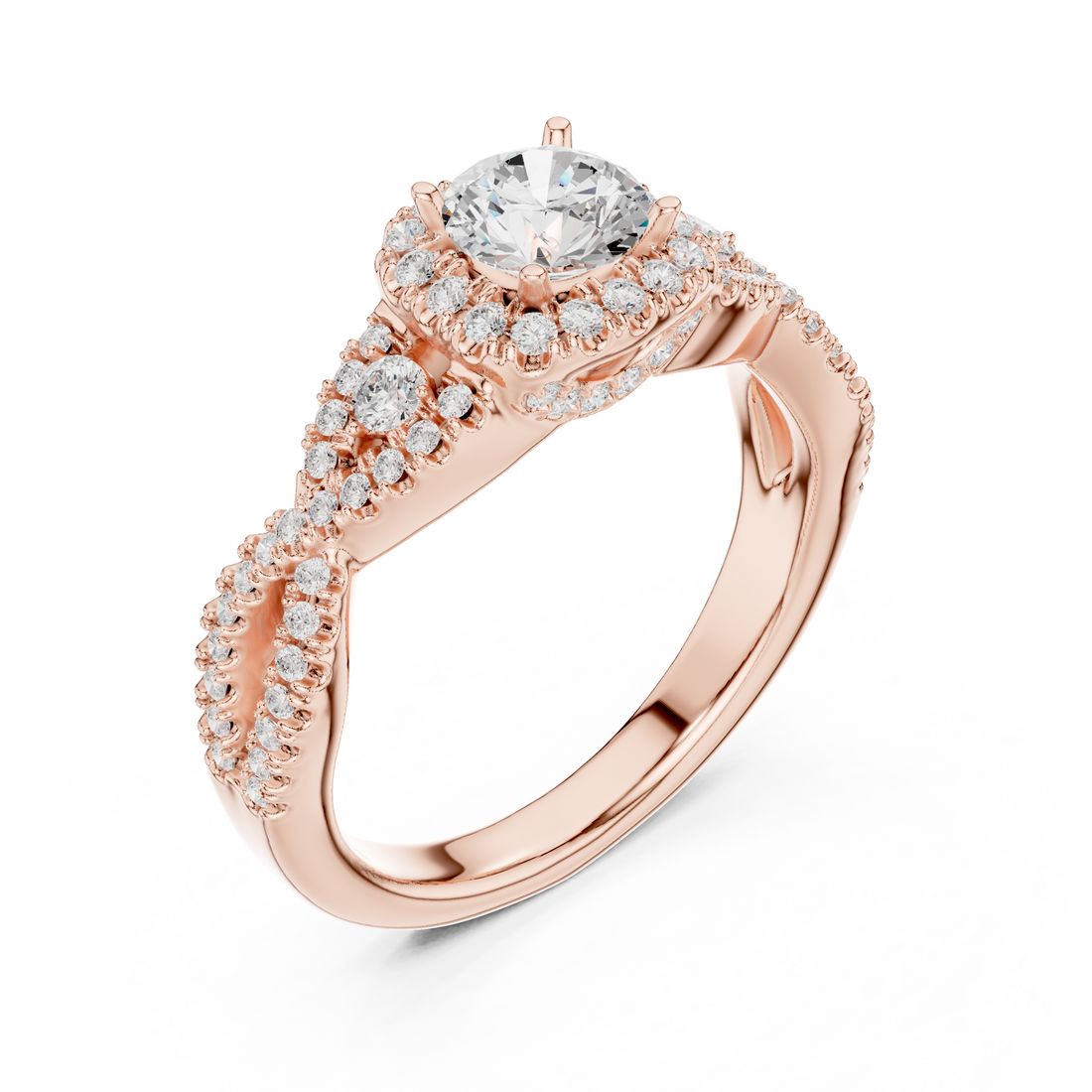 Luxury Round Halo Diamond Ring with Criss Cross Pavé Rose Gold Band