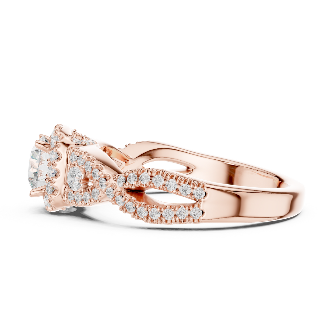 Luxury Round Halo Diamond Ring with Criss Cross Pavé Rose Gold Band
