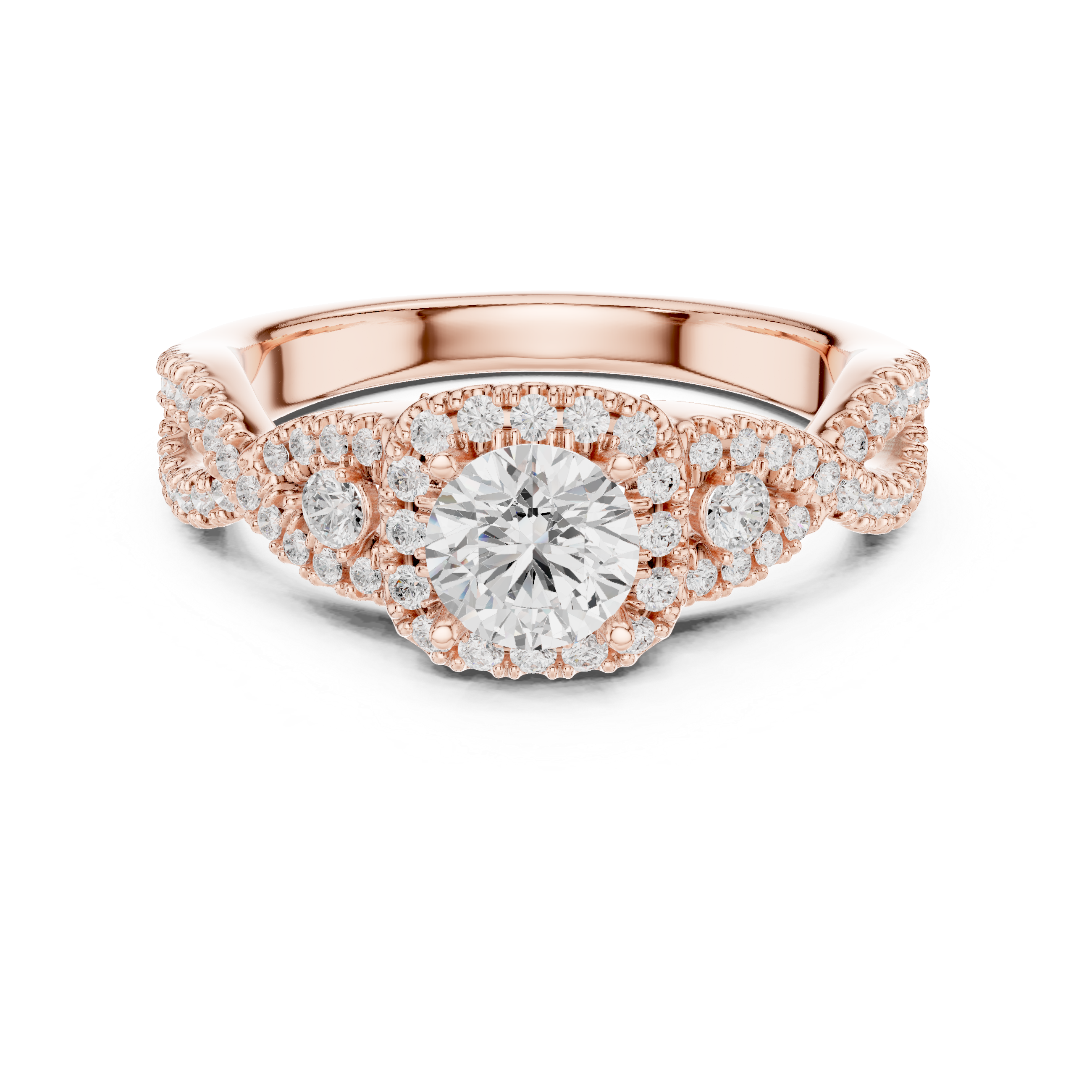 Luxury Round Halo Diamond Ring with Criss Cross Pavé Rose Gold Band