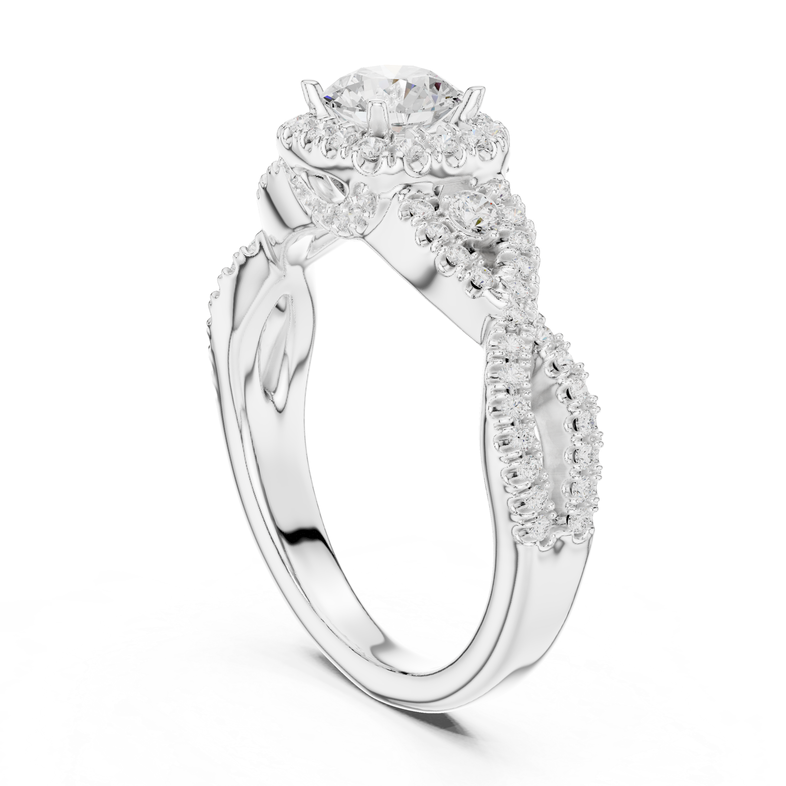 Luxury Round Halo Diamond Ring with Criss Cross Pavé Rose Gold Band