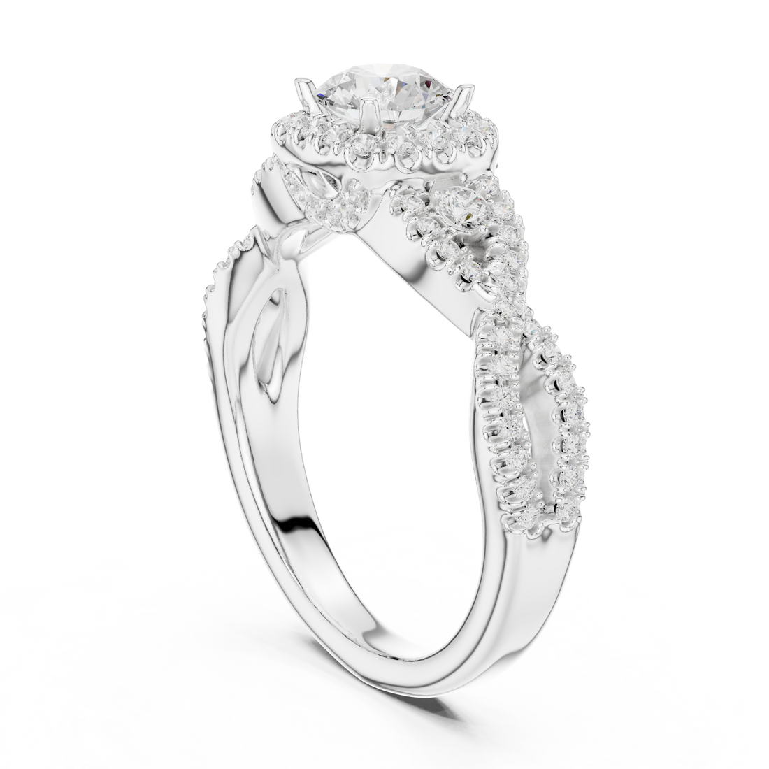 Luxury Round Halo Diamond Ring with Criss Cross Pavé Rose Gold Band
