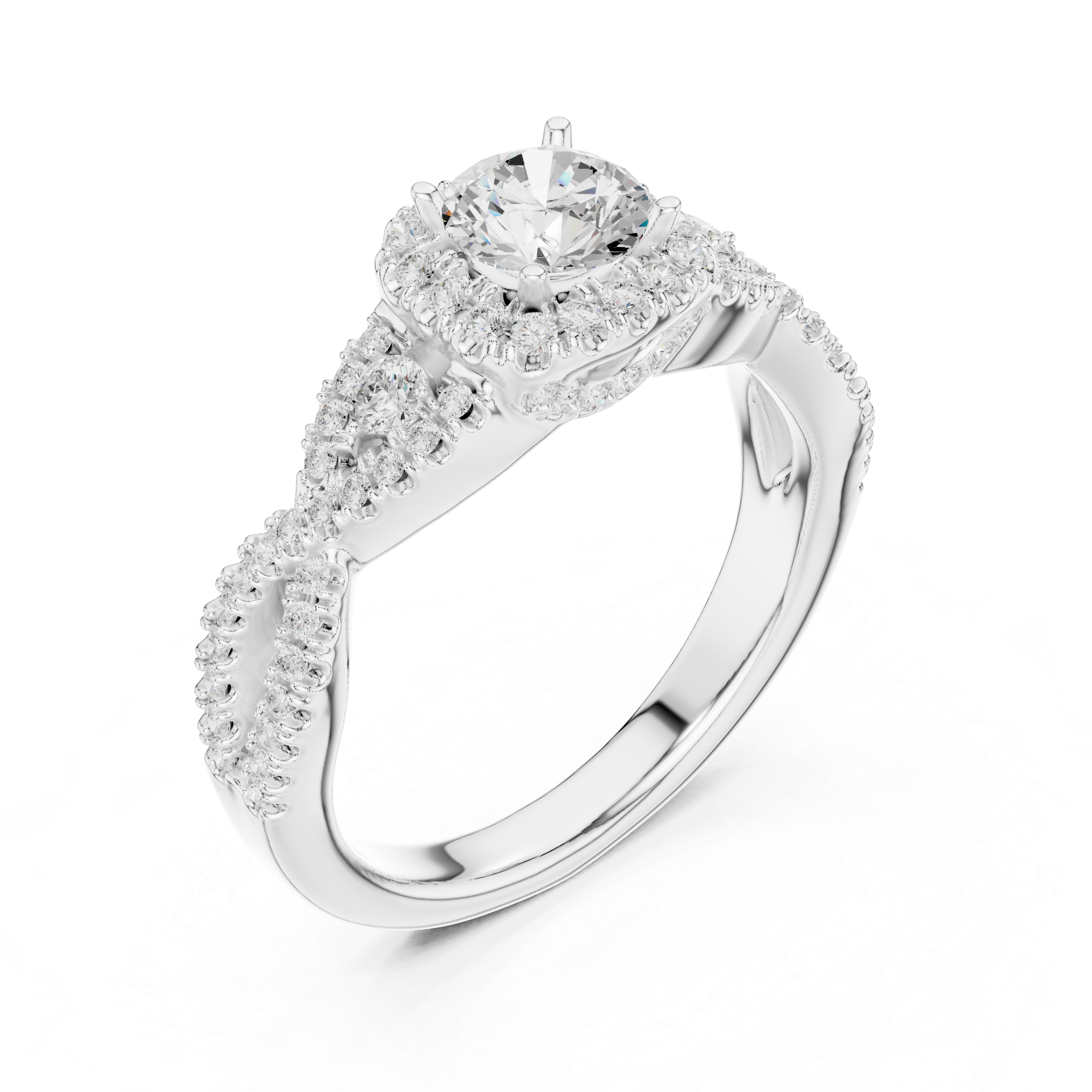 Luxury Round Halo Diamond Ring with Criss Cross Pavé Rose Gold Band