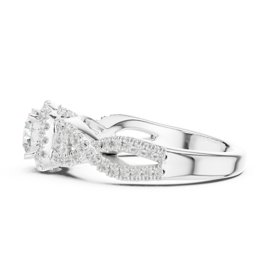 Luxury Round Halo Diamond Ring with Criss Cross Pavé Rose Gold Band