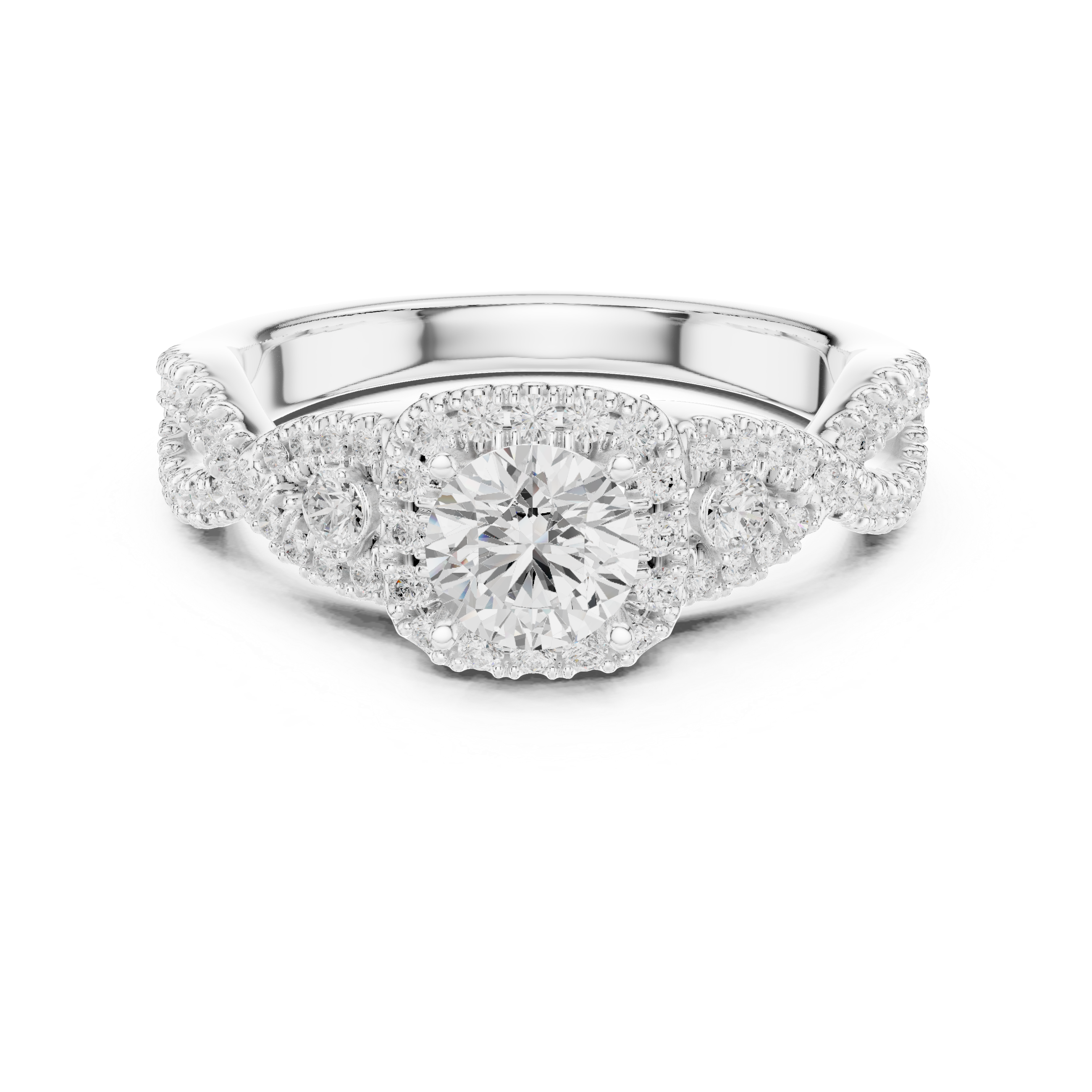 Luxury Round Halo Diamond Ring with Criss Cross Pavé Rose Gold Band