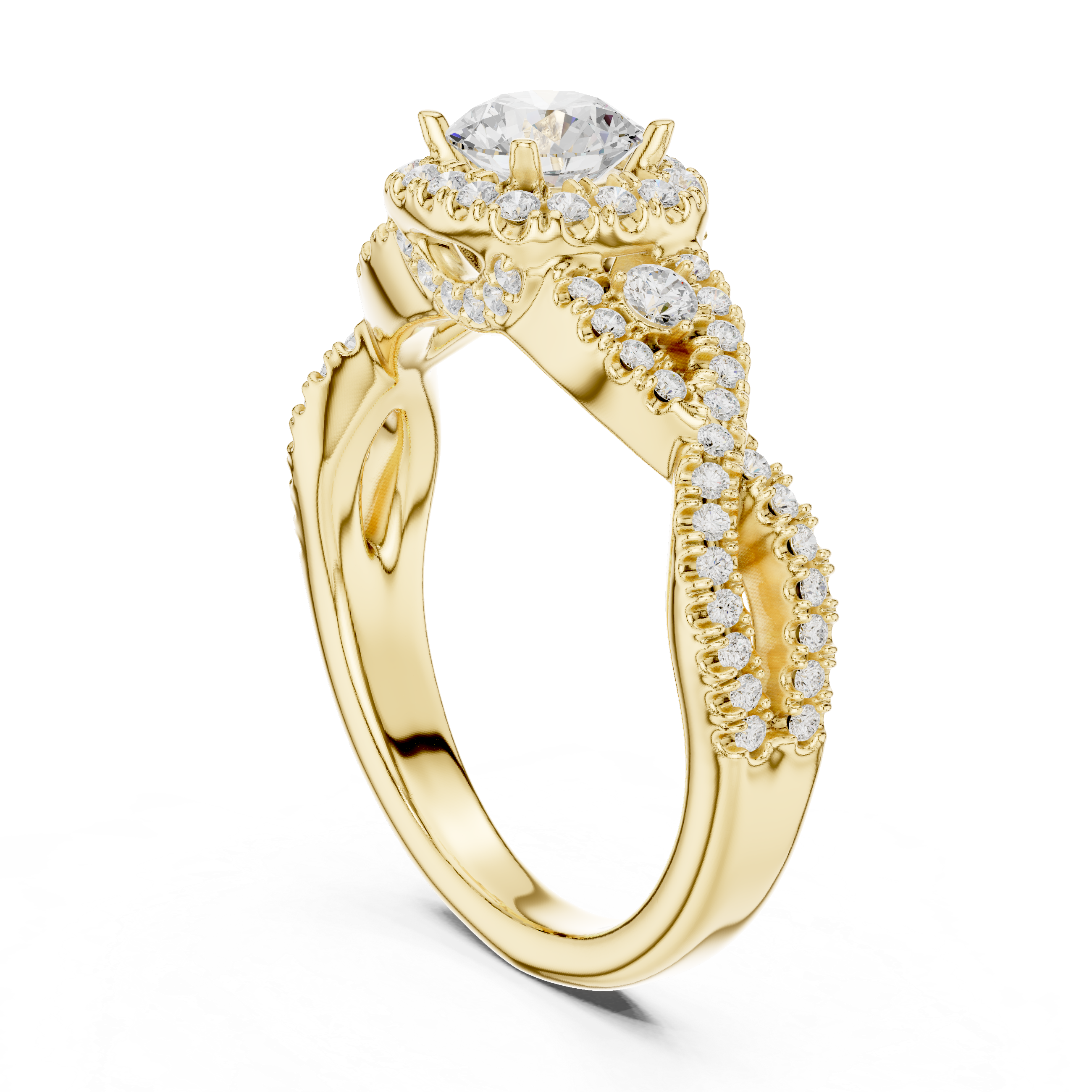 Luxury Round Halo Diamond Ring with Criss Cross Pavé Rose Gold Band