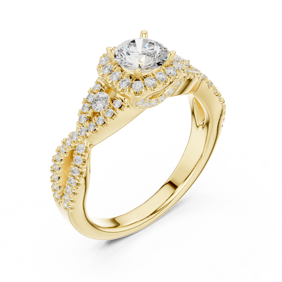 Luxury Round Halo Diamond Ring with Criss Cross Pavé Rose Gold Band