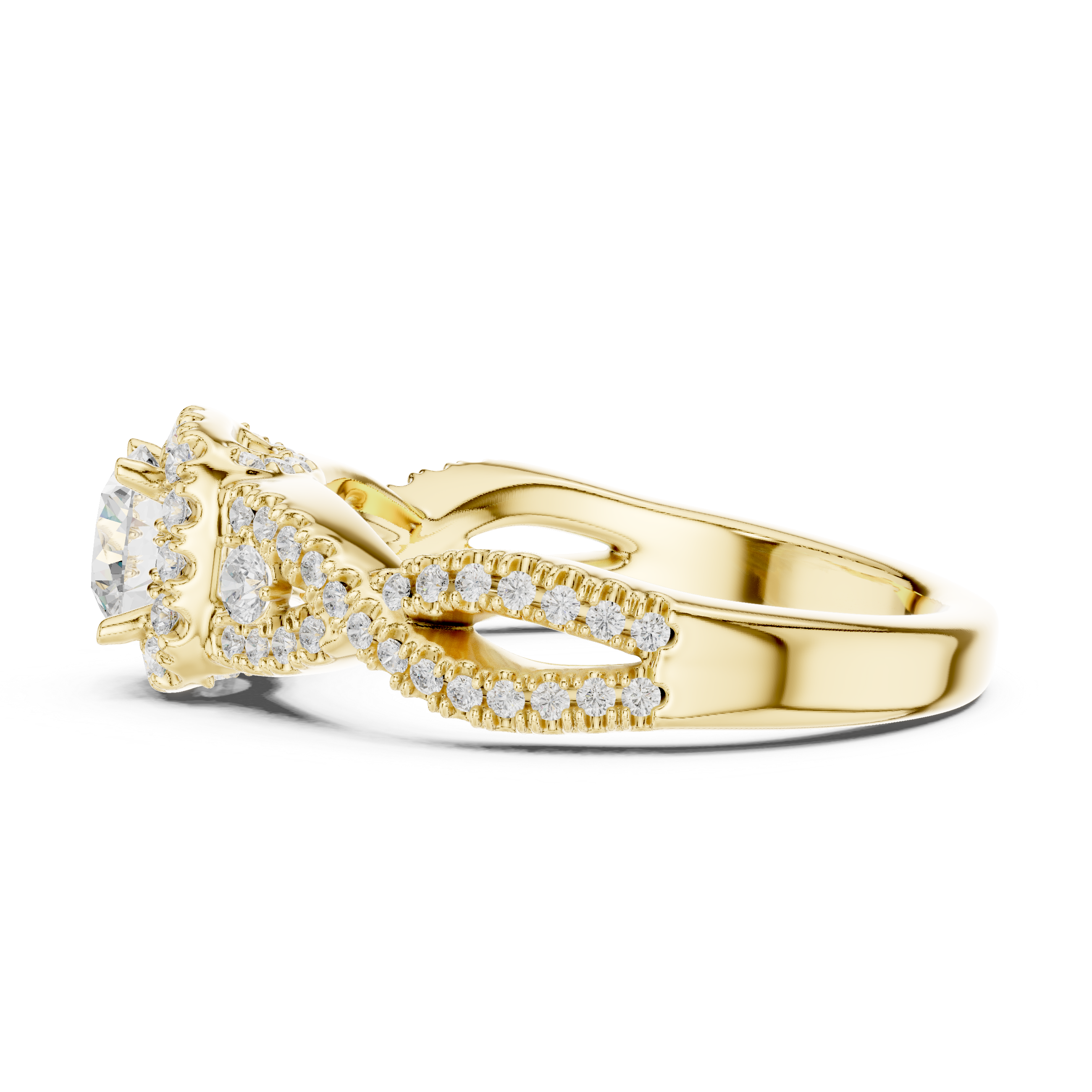 Luxury Round Halo Diamond Ring with Criss Cross Pavé Rose Gold Band