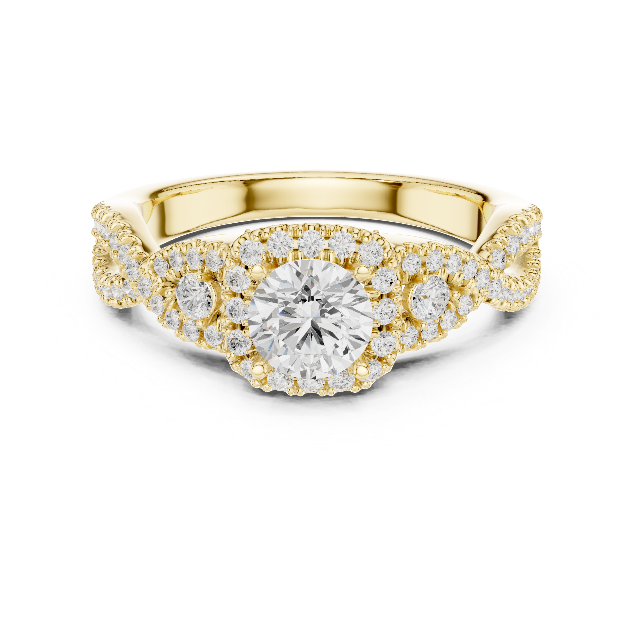 Luxury Round Halo Diamond Ring with Criss Cross Pavé Rose Gold Band