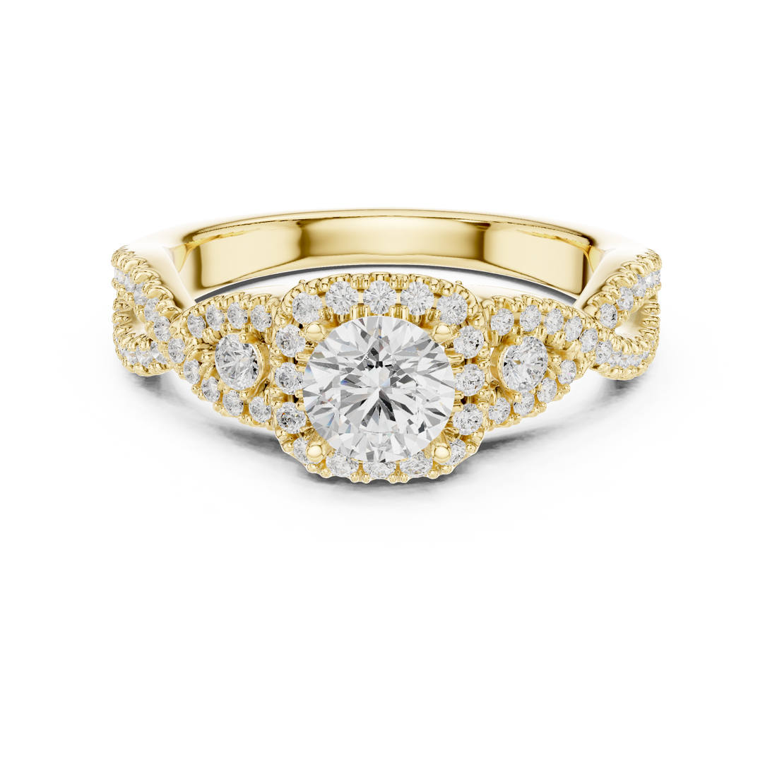 Luxury Round Halo Diamond Ring with Criss Cross Pavé Rose Gold Band