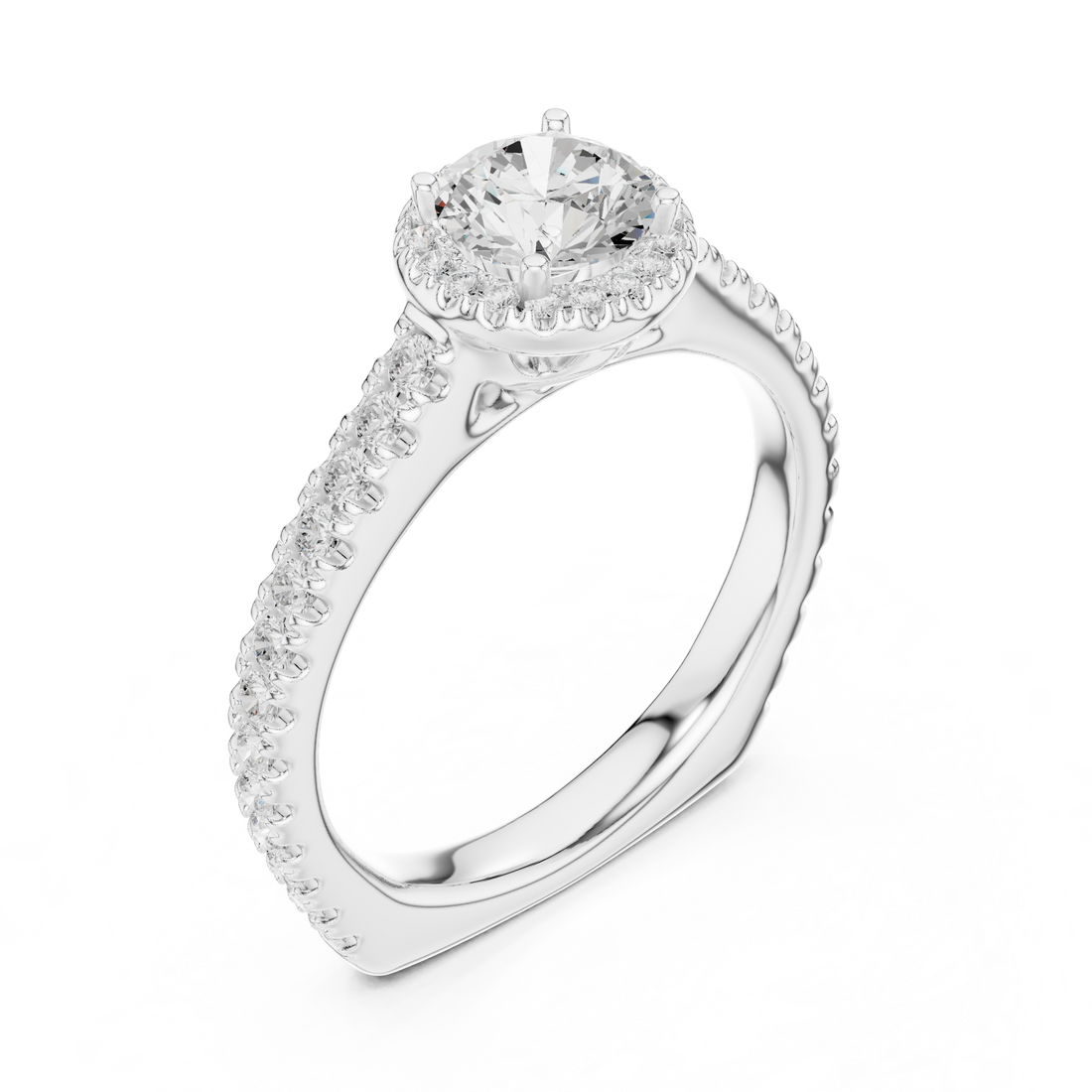 Modern Solitaire Ring with Hidden Halo and Side Pavé Diamonds