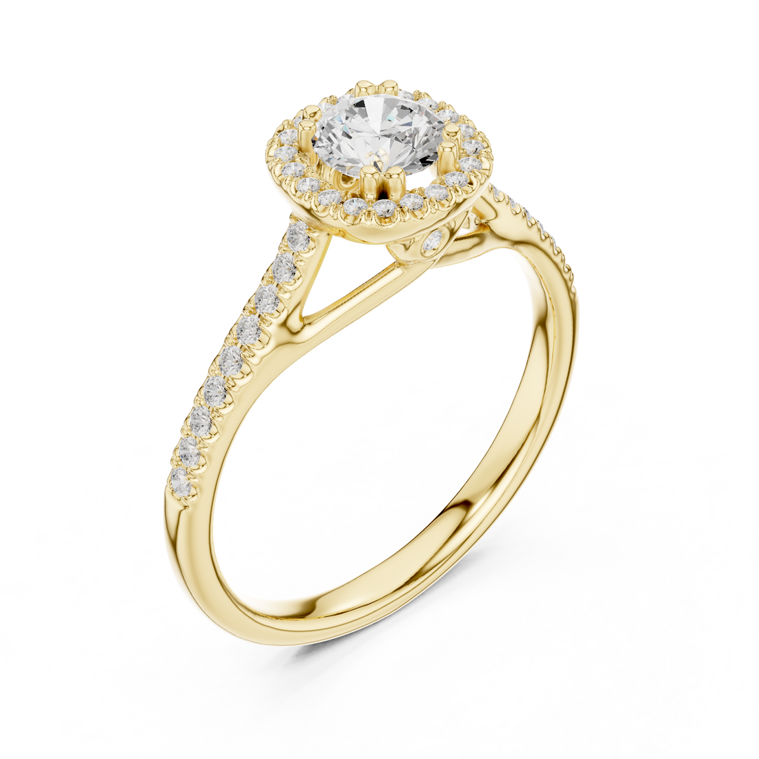 Minimalist Round Diamond Ring with Hidden Halo and Pavé Shank