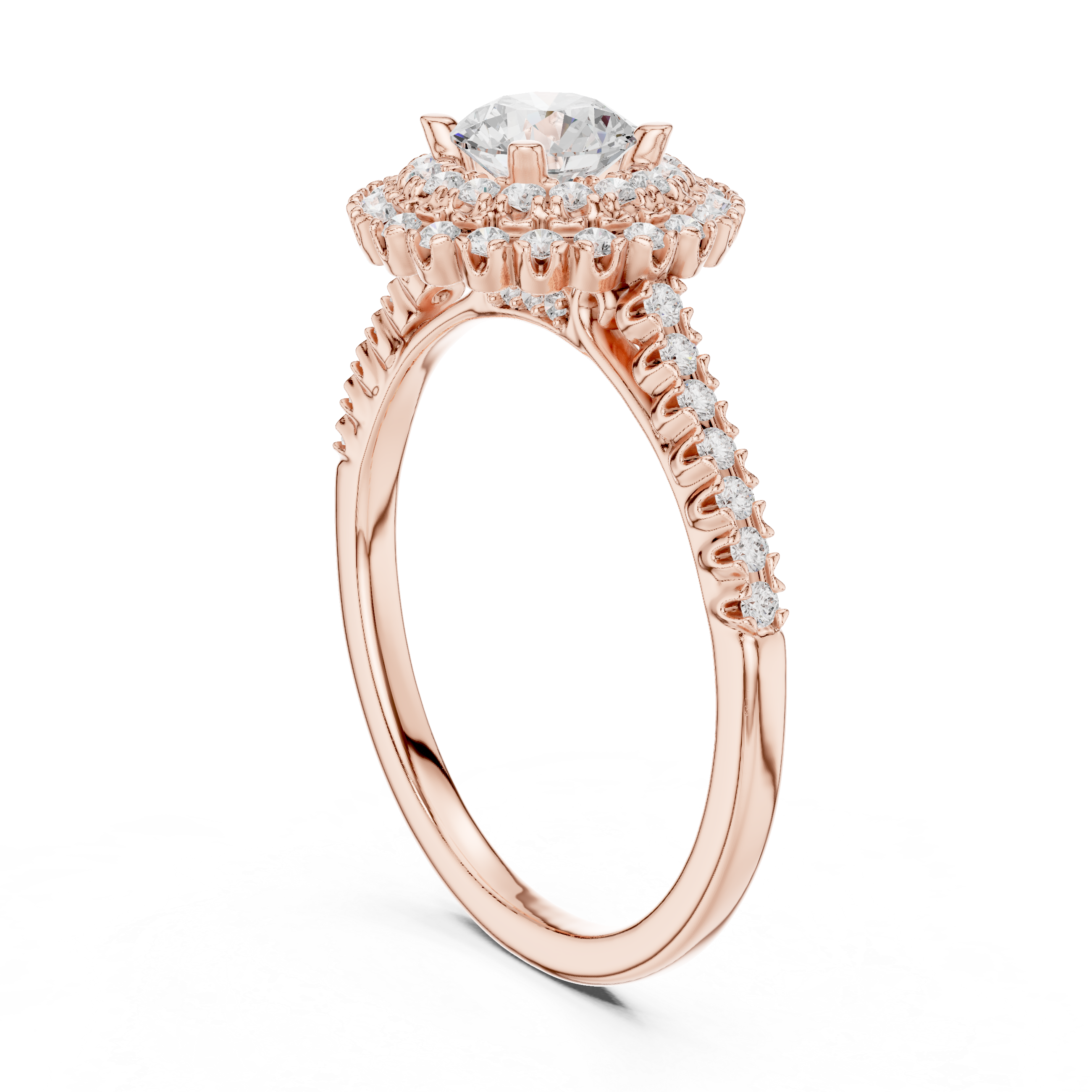 Statement Round Diamond Double Halo Ring with Designer Pavé Band