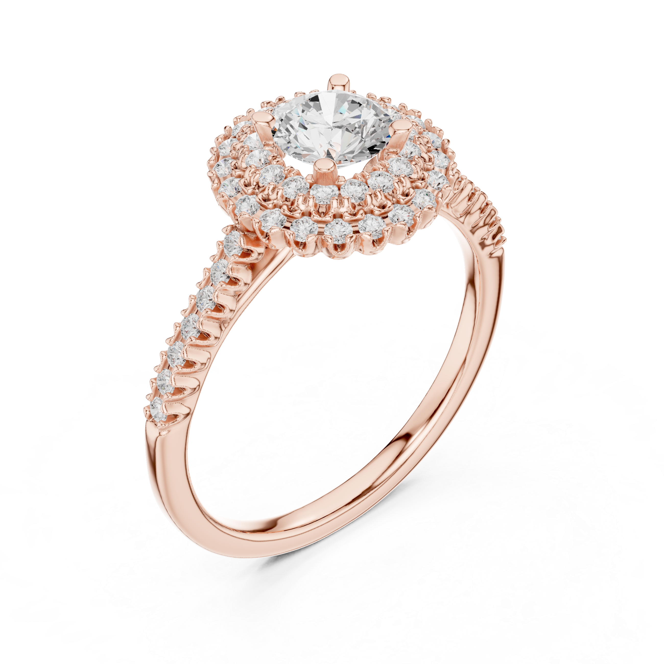 Statement Round Diamond Double Halo Ring with Designer Pavé Band