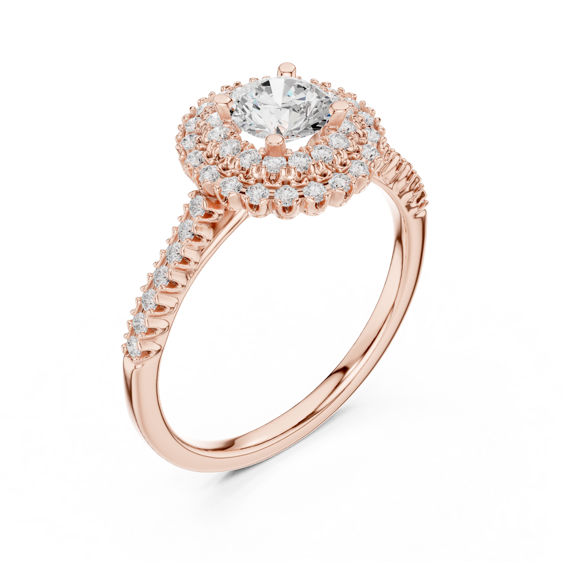 Statement Round Diamond Double Halo Ring with Designer Pavé Band