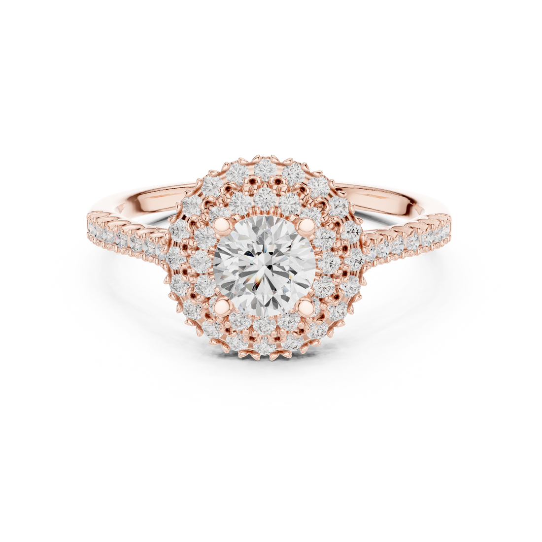 Statement Round Diamond Double Halo Ring with Designer Pavé Band