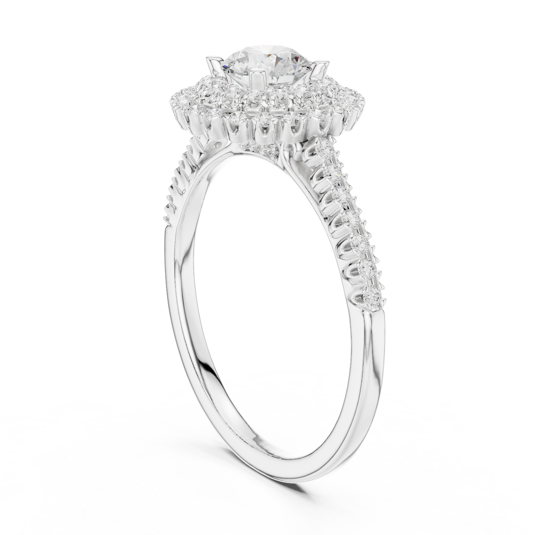 Statement Round Diamond Double Halo Ring with Designer Pavé Band