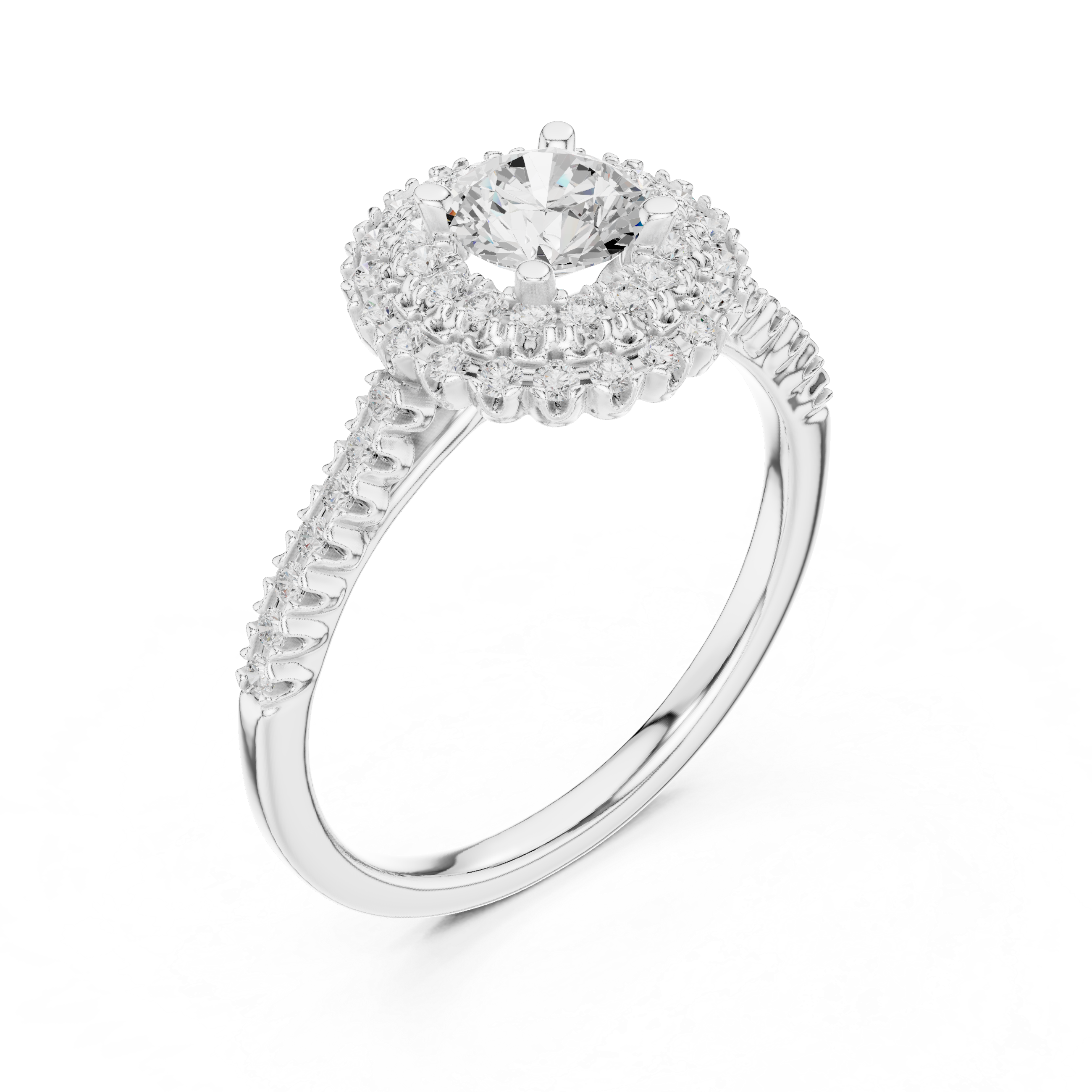Statement Round Diamond Double Halo Ring with Designer Pavé Band