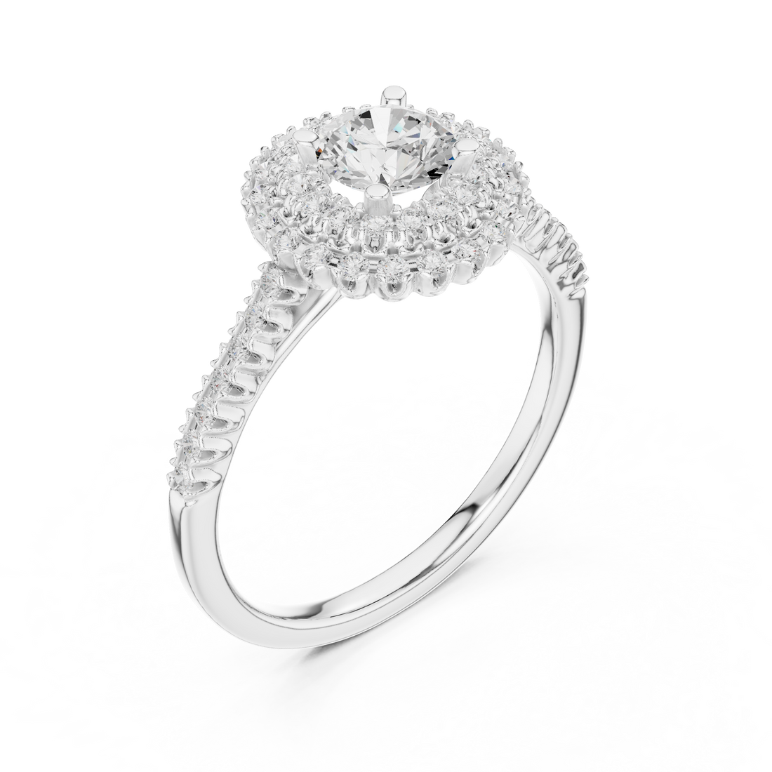 Statement Round Diamond Double Halo Ring with Designer Pavé Band