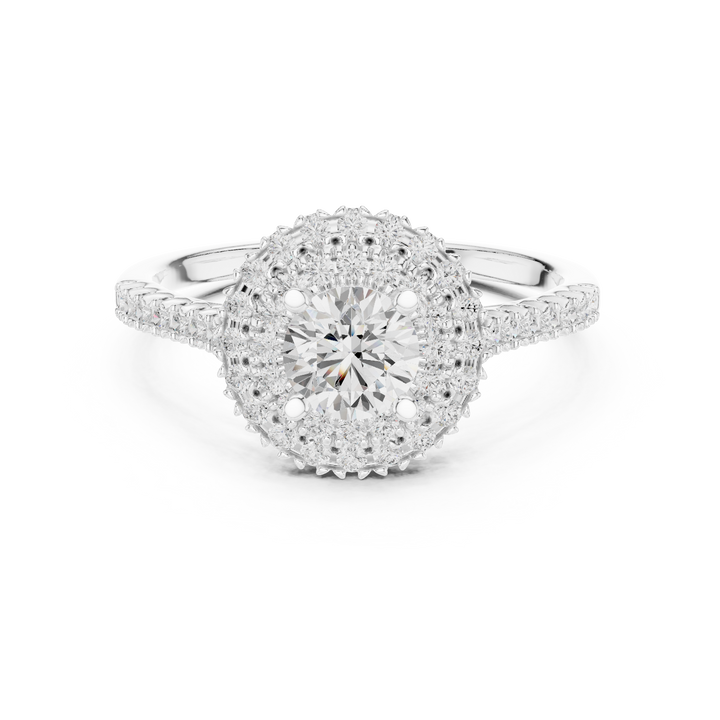 Statement Round Diamond Double Halo Ring with Designer Pavé Band