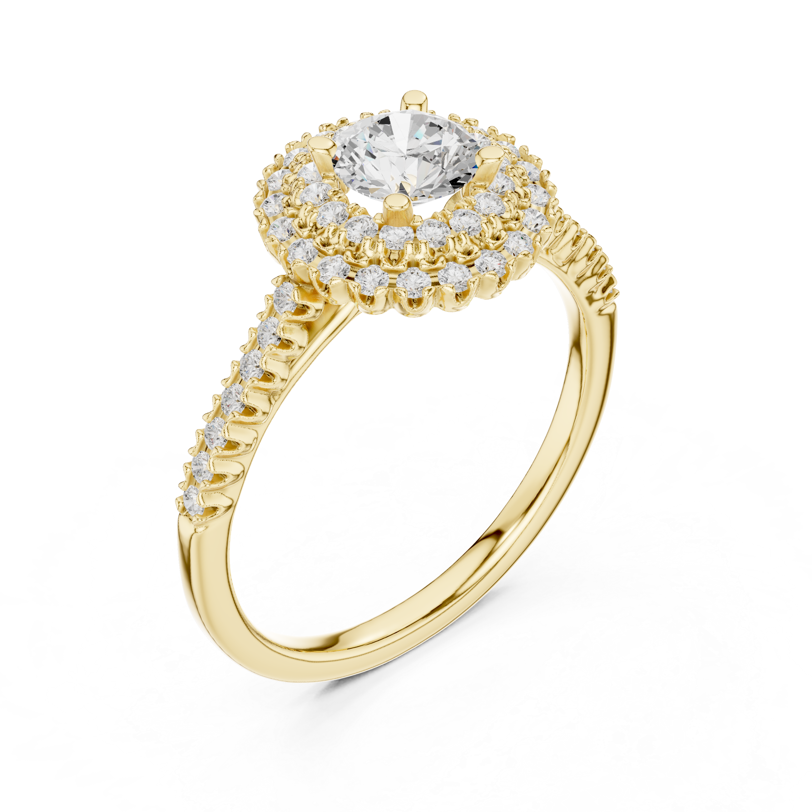 Statement Round Diamond Double Halo Ring with Designer Pavé Band