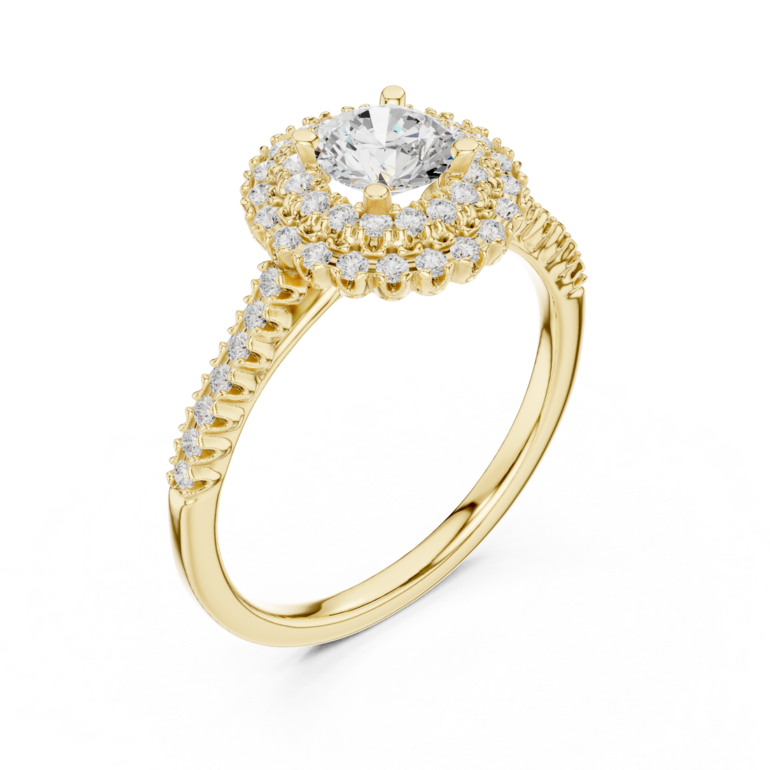 Statement Round Diamond Double Halo Ring with Designer Pavé Band