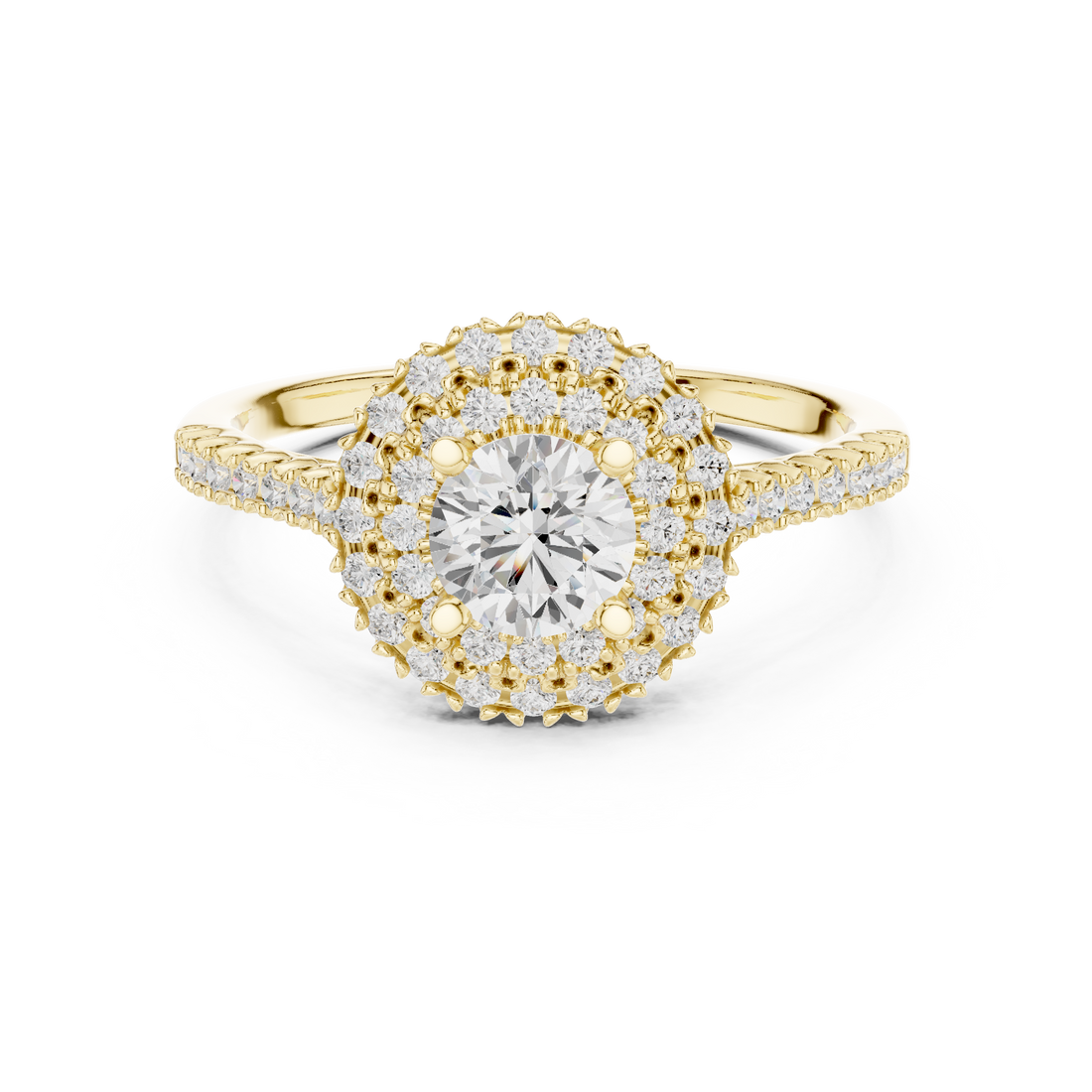 Statement Round Diamond Double Halo Ring with Designer Pavé Band