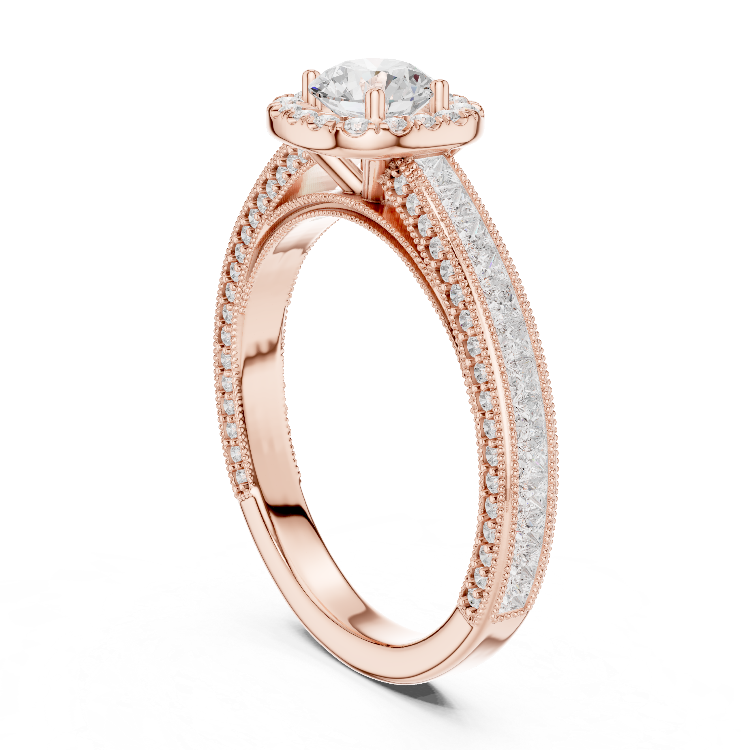 Stunning Round Halo Ring with Intricate Milgrain & Side Diamonds