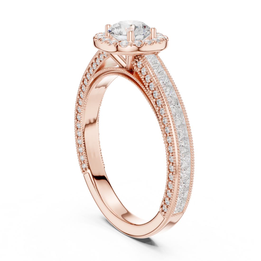 Stunning Round Halo Ring with Intricate Milgrain & Side Diamonds