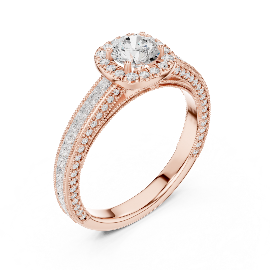 Stunning Round Halo Ring with Intricate Milgrain & Side Diamonds