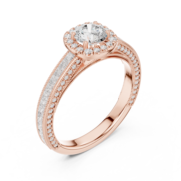 Stunning Round Halo Ring with Intricate Milgrain & Side Diamonds