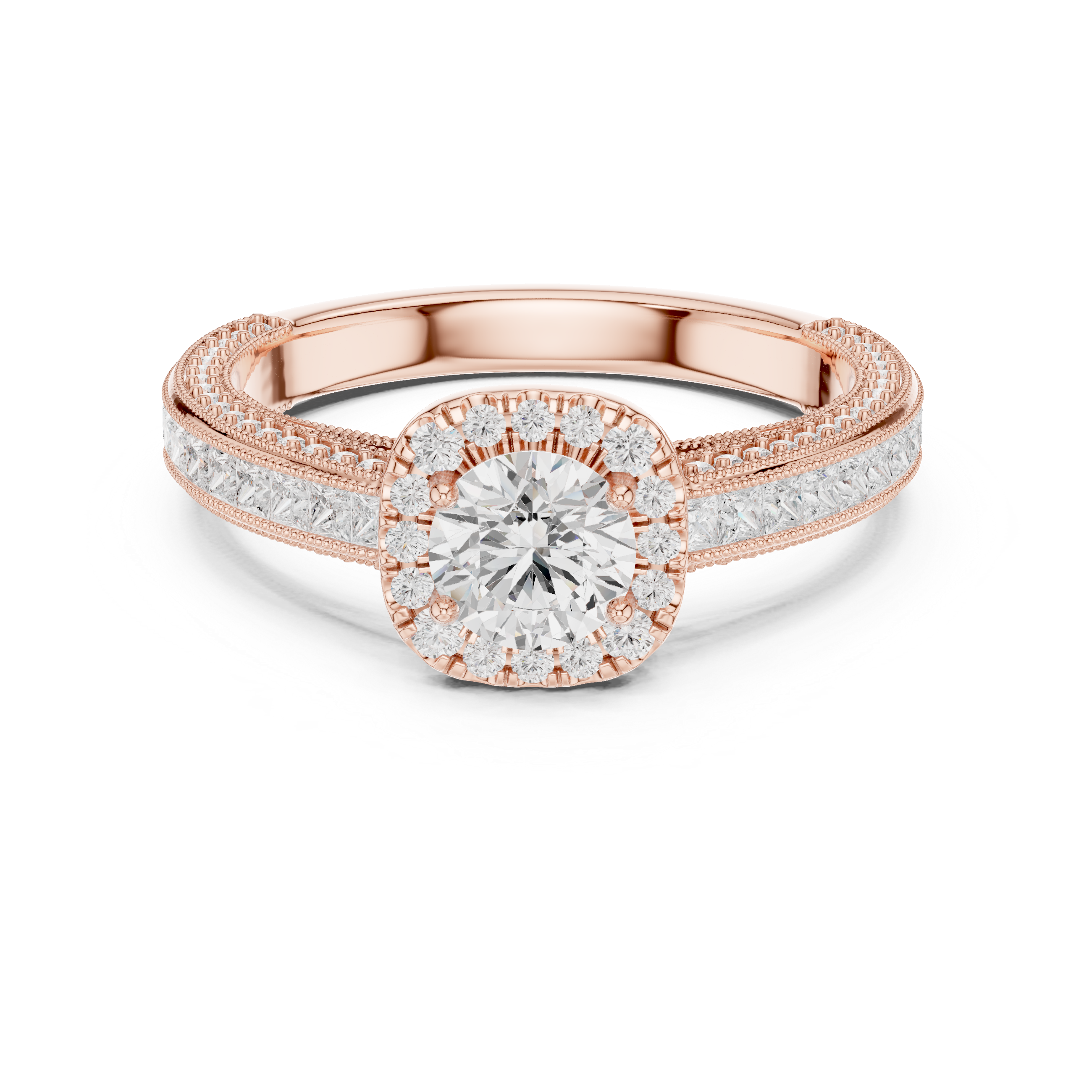 Stunning Round Halo Ring with Intricate Milgrain & Side Diamonds