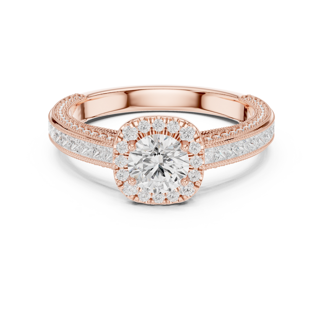 Stunning Round Halo Ring with Intricate Milgrain & Side Diamonds