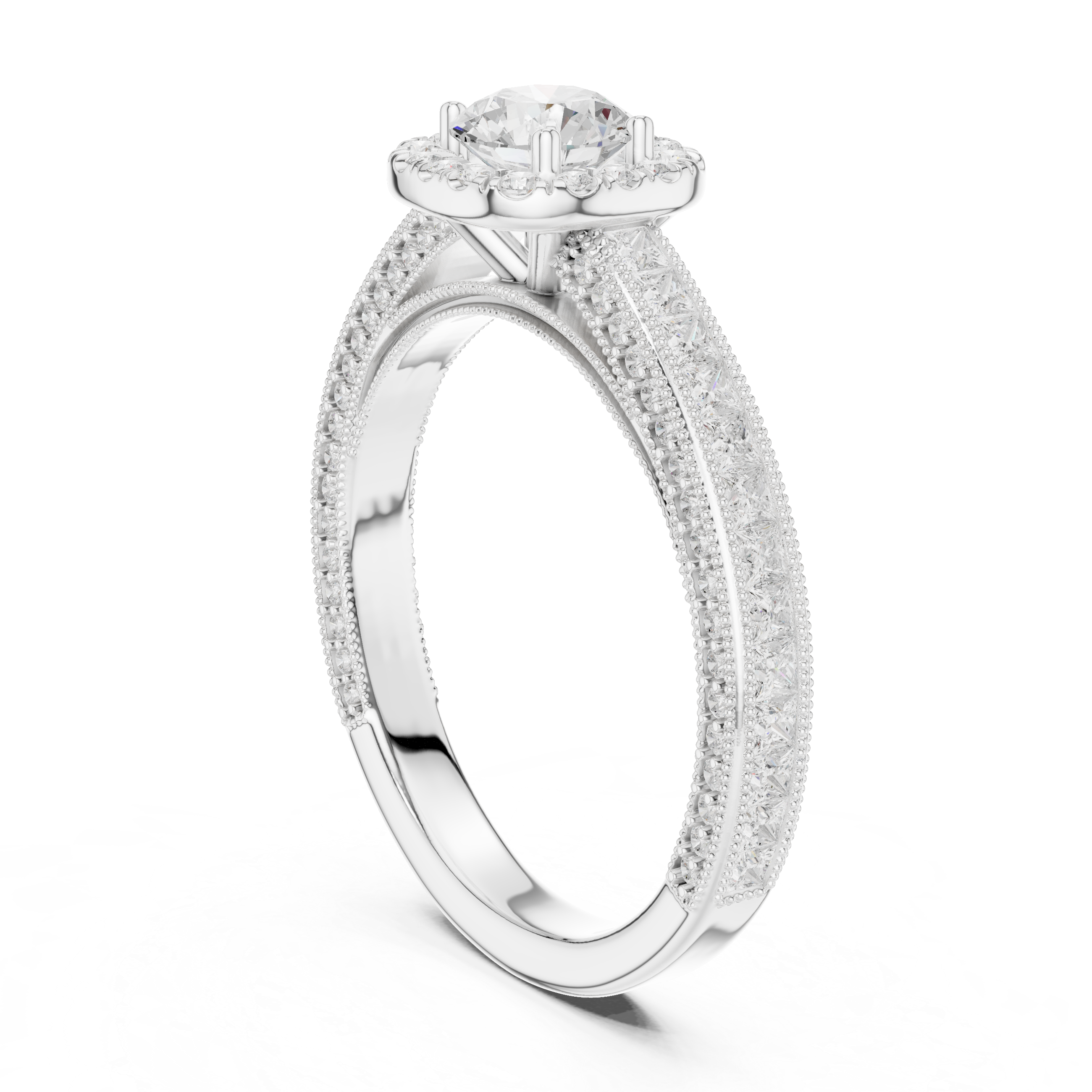 Stunning Round Halo Ring with Intricate Milgrain & Side Diamonds
